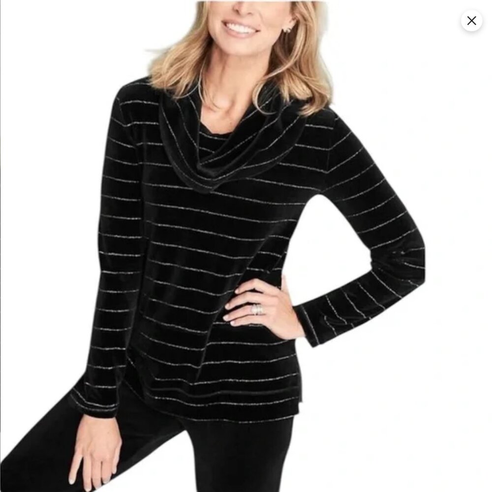 Talbots Black Velvet Cowl Neck Silver‎ Stripe Tunic Side Zipper Detail (Size XL)